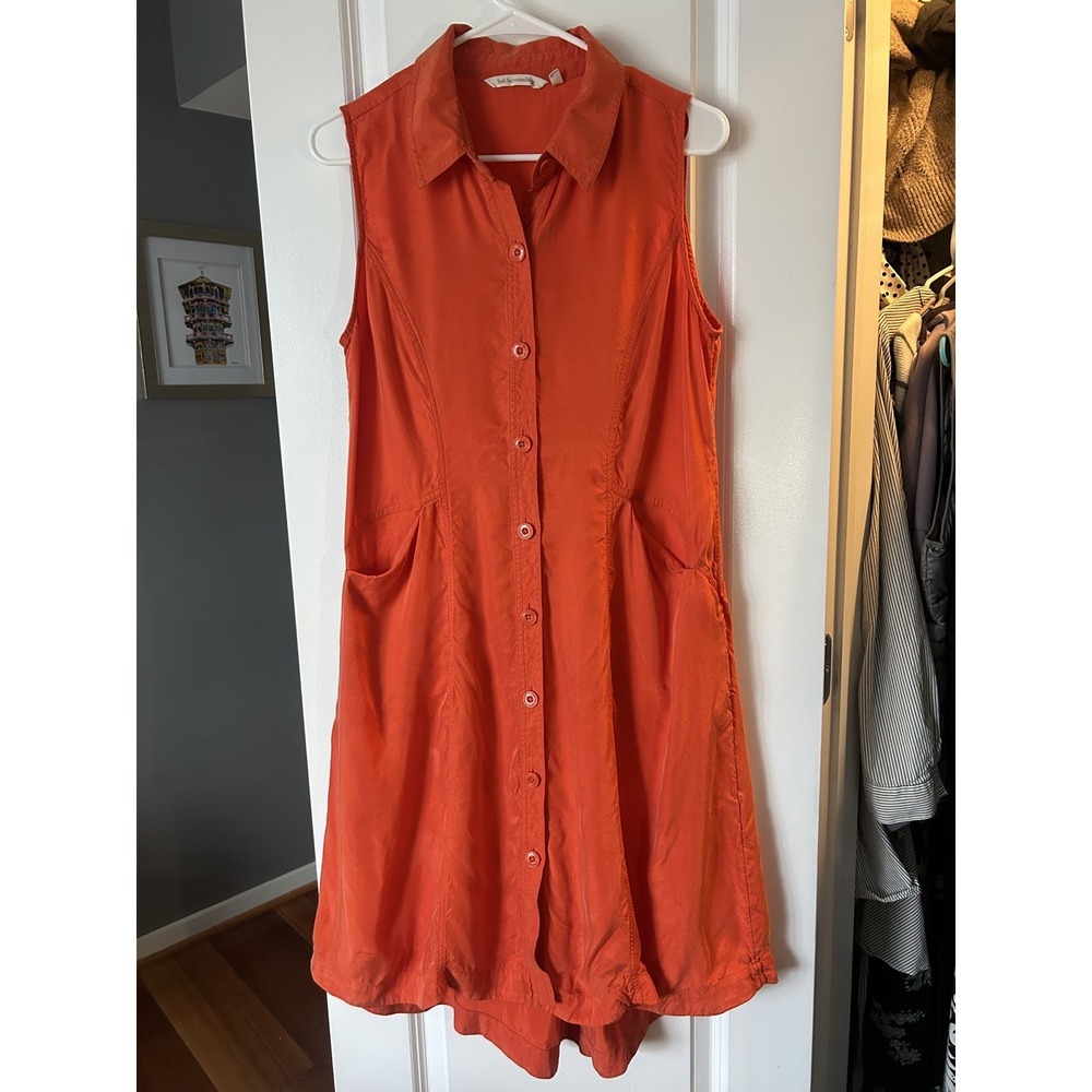 Soft Surroundings Cascade Shimmery Orange Sleeveless Shirt Dress Pockets Size M